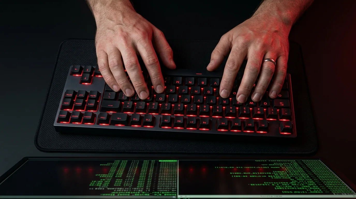 Hands on a keyboard mid-hunt